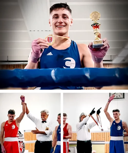 Ein Amateurkämpfer von Combat Club Cologne bei mehreren Siegeserklärungen beim NRW Cup mit Pokal und Medaillen